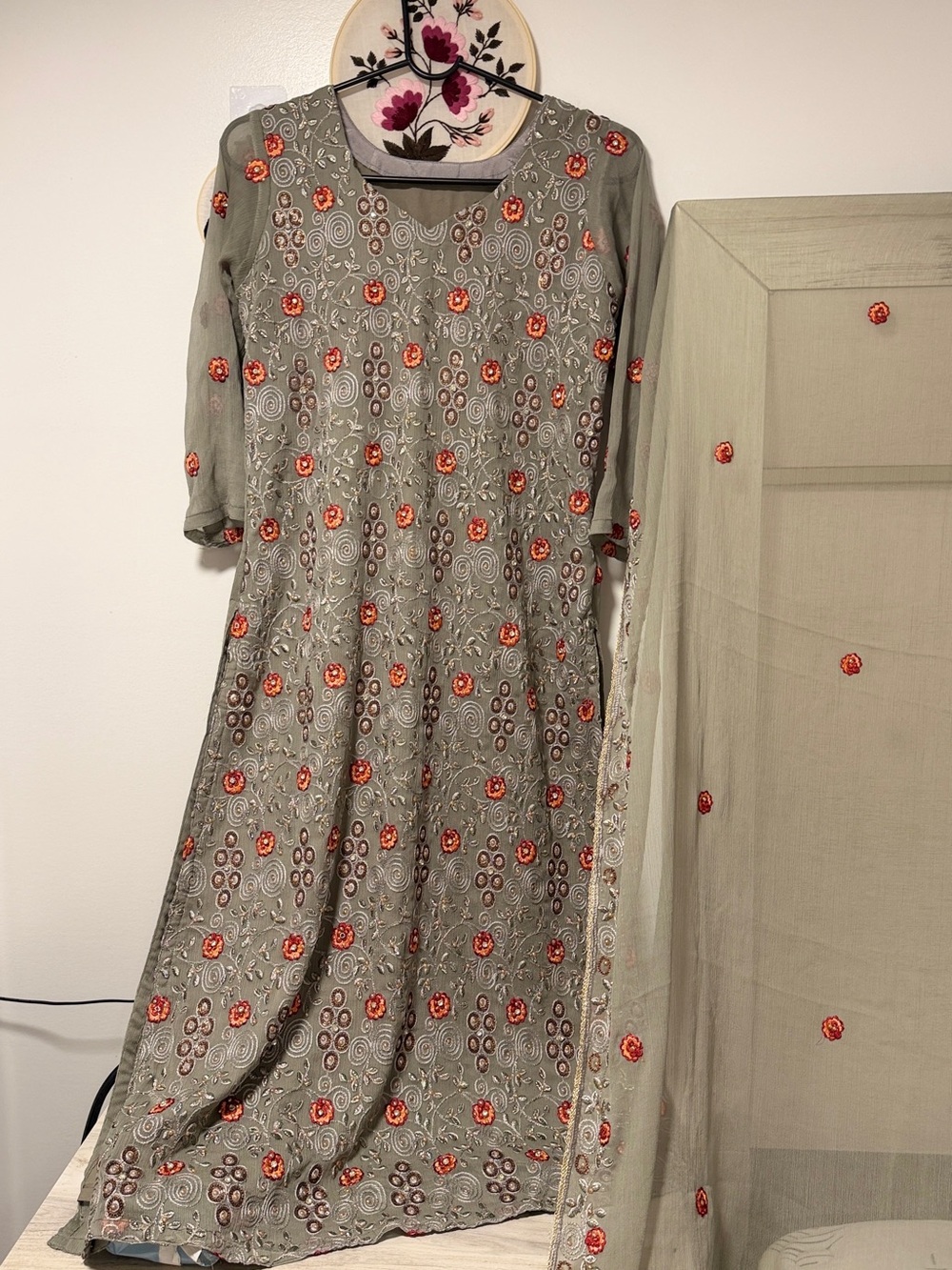 Embroidered Sage Green A-Line Dress with Orange Floral Accents